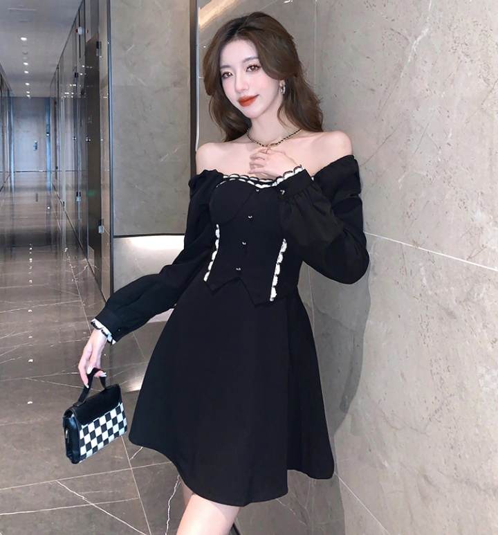 Square collar puff sleeve pinched waist mixed colors dress