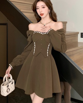 Square collar puff sleeve pinched waist mixed colors dress