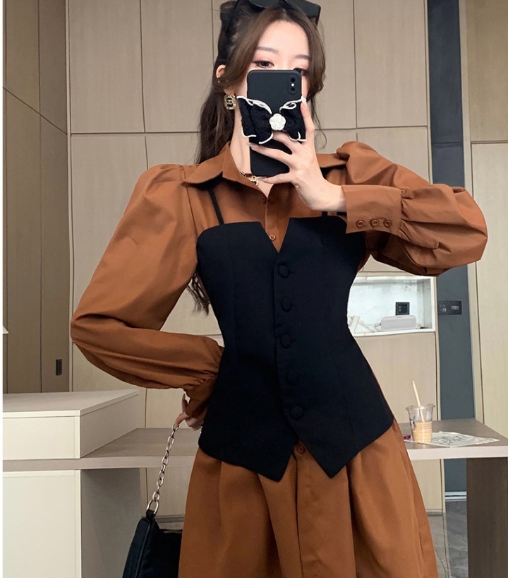 Pseudo-two pinched waist shirt autumn long sleeve T-back