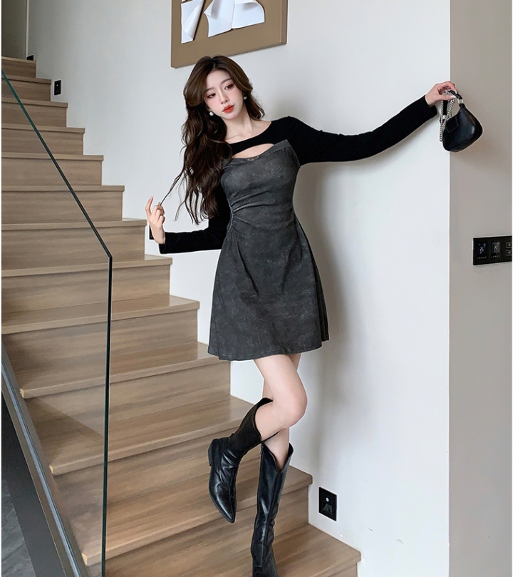 Knitted sleeve splice France style pinched waist dress
