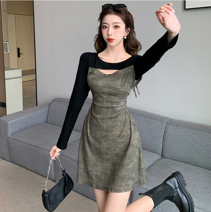 Knitted sleeve splice France style pinched waist dress