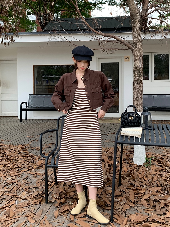 Autumn stripe coat short strap dress 2pcs set for women