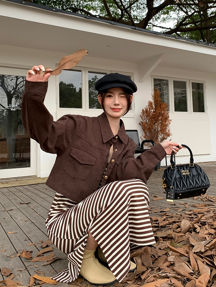 Autumn stripe coat short strap dress 2pcs set for women