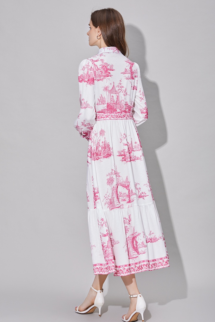 Long sleeve France style retro printing dress