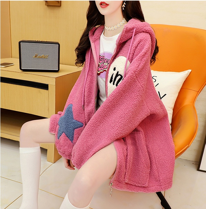 Autumn and winter hooded embroidery lazy coat for women