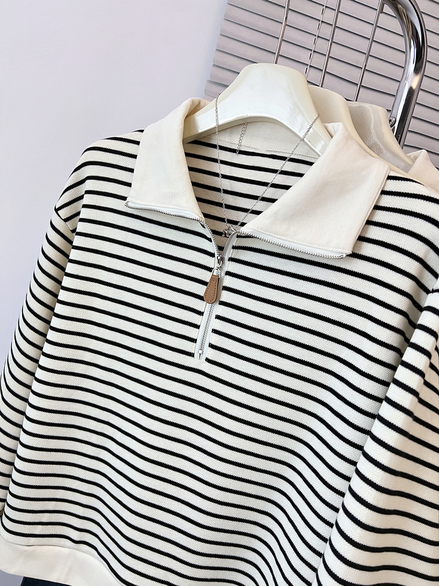 Stripe loose hoodie autumn half zip tops for women