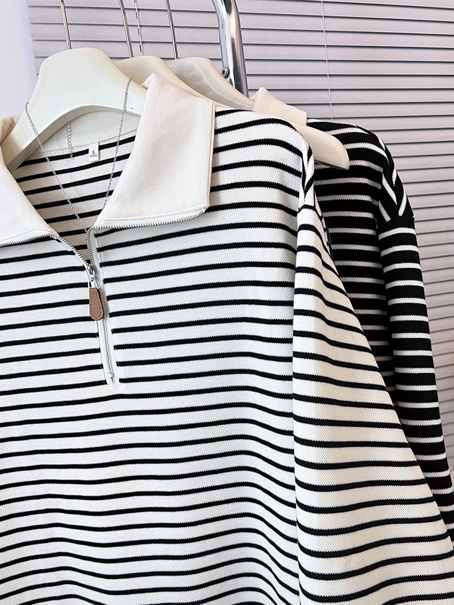 Stripe loose hoodie autumn half zip tops for women