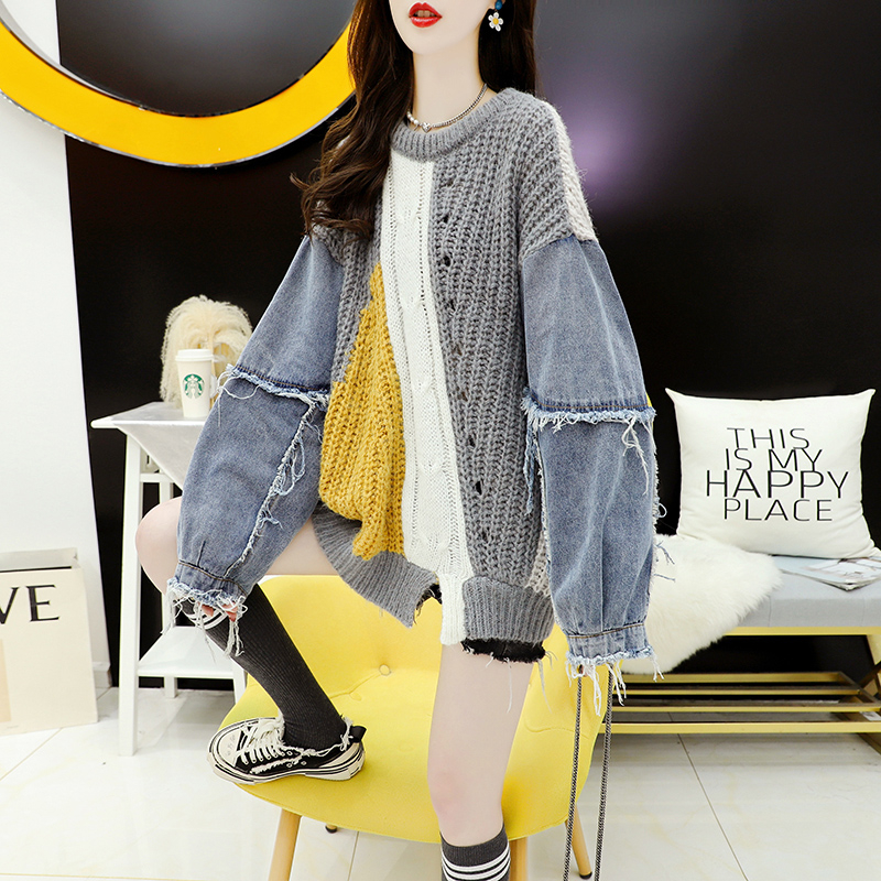 Lazy denim tops pullover sweater for women