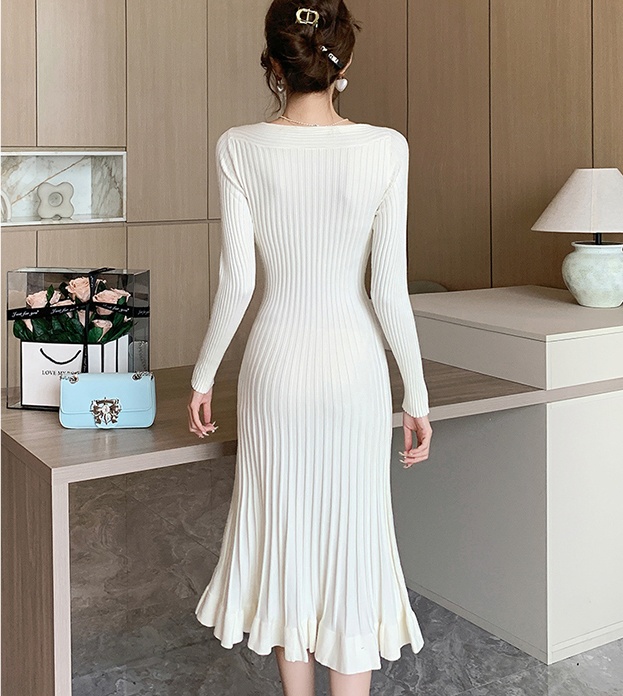 V-neck slim all-match high waist knitted dress