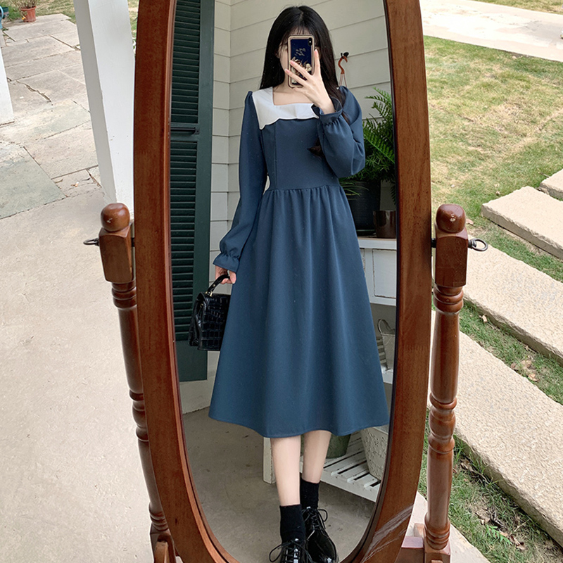 Square collar slim pinched waist France style dress