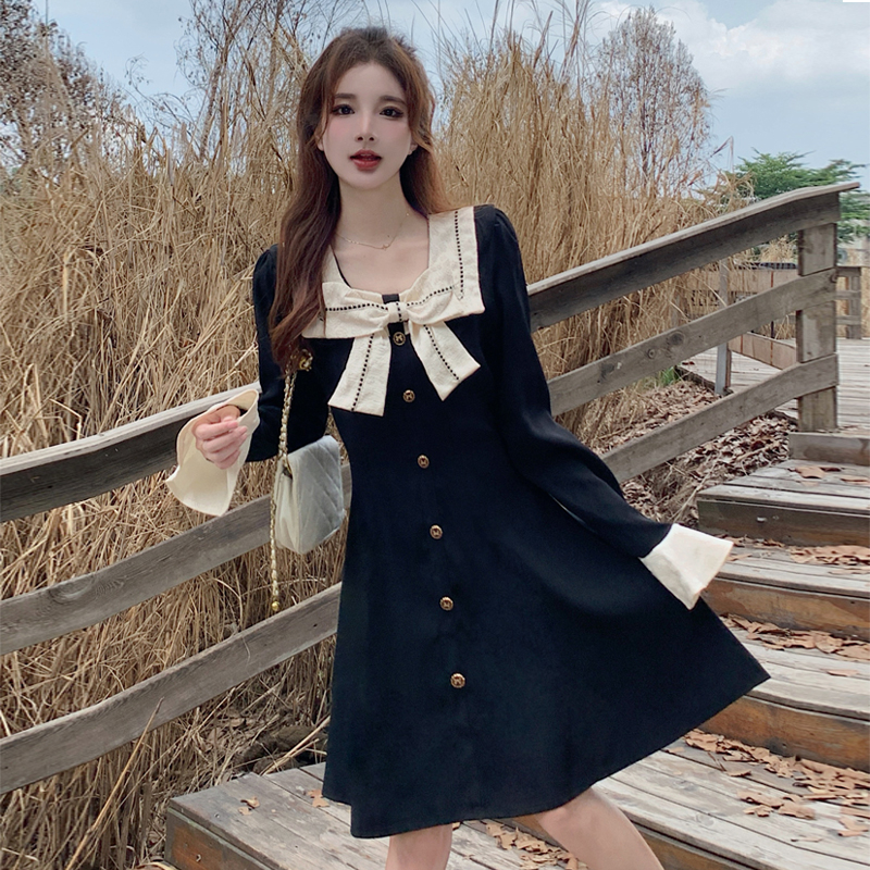 Bow Korean style long dress square collar dress