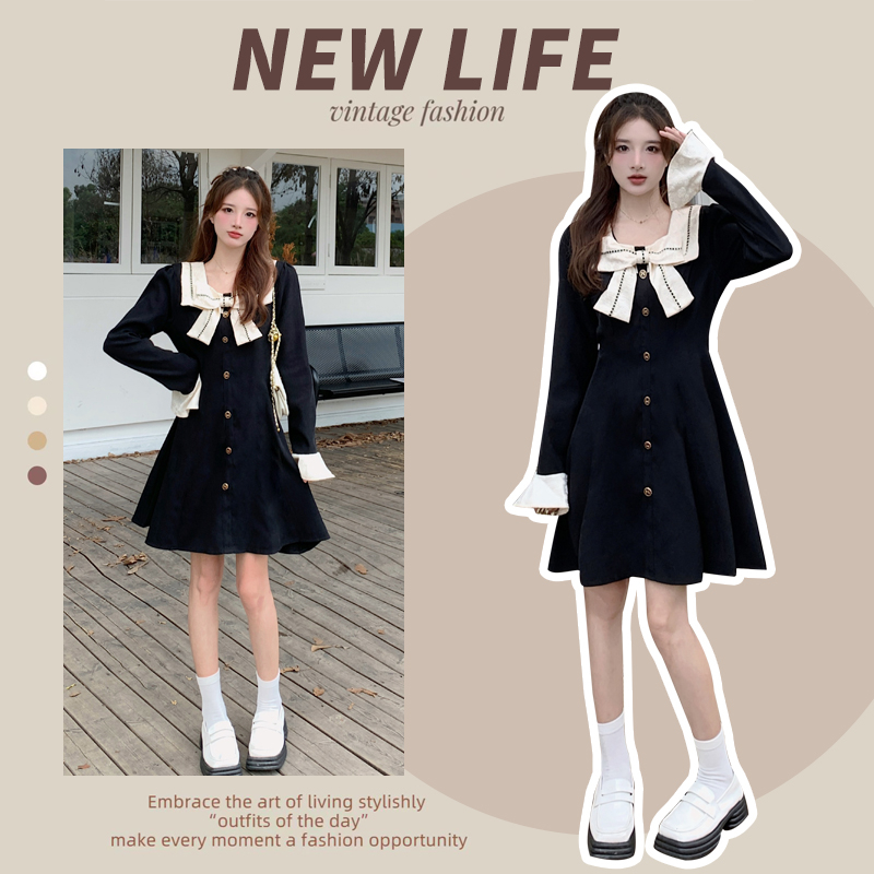 Bow Korean style long dress square collar dress