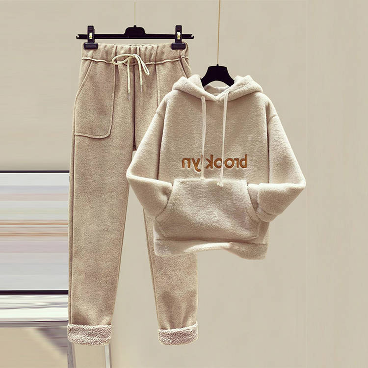 Thick hoodie woolen casual pants 2pcs set for women
