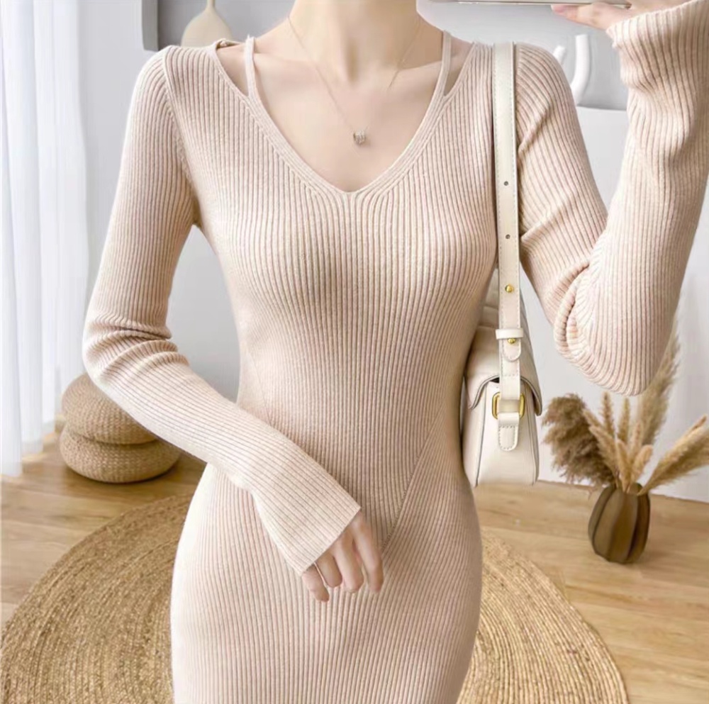 Tender France style sweater package hip V-neck dress for women