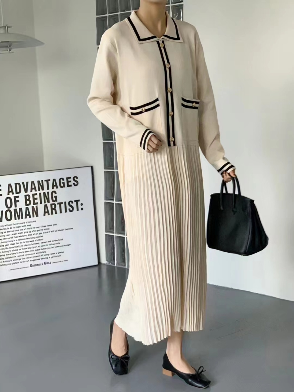 Knitted lapel retro unique simple mixed colors pleated dress