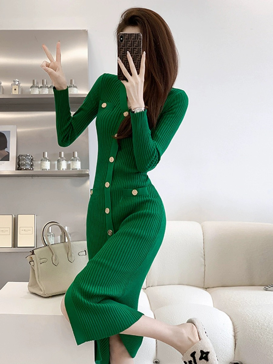 Temperament knitted dress single-breasted sweater dress