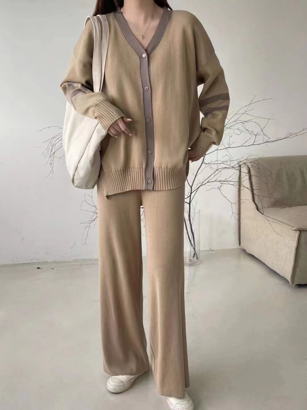 Casual tops knitted wide leg pants a set for women