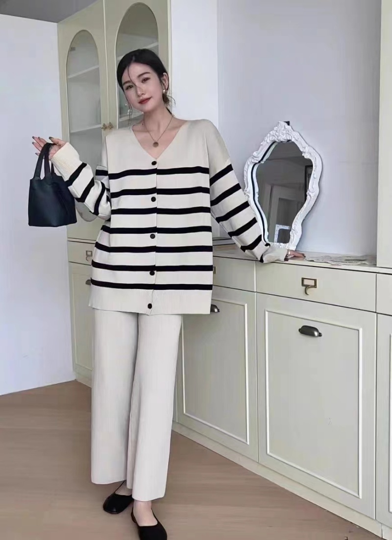 High waist drape sweater loose stripe wide leg pants
