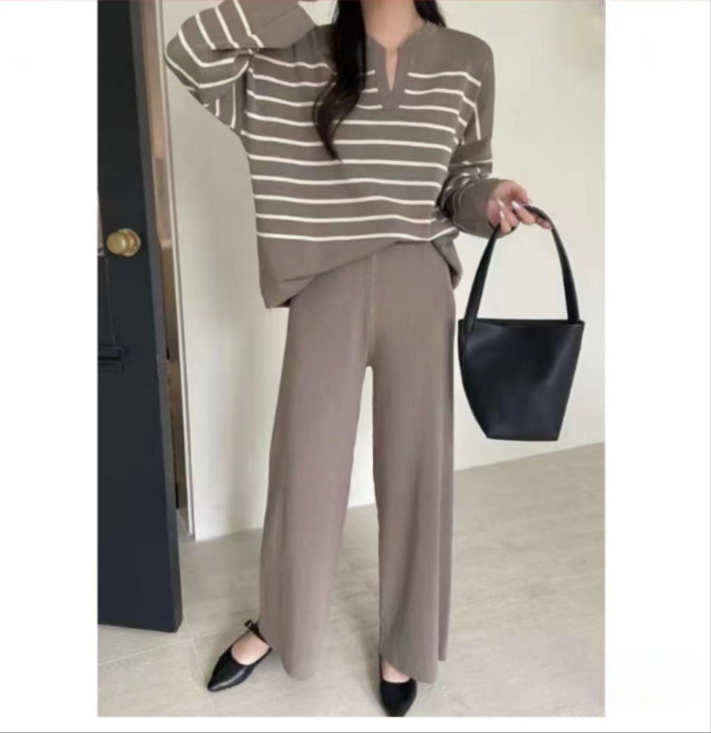 Korean style knitted wide leg pants Casual tops 2pcs set