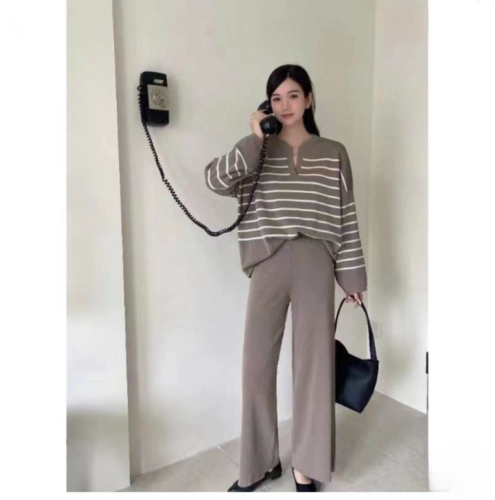 Korean style knitted wide leg pants Casual tops 2pcs set