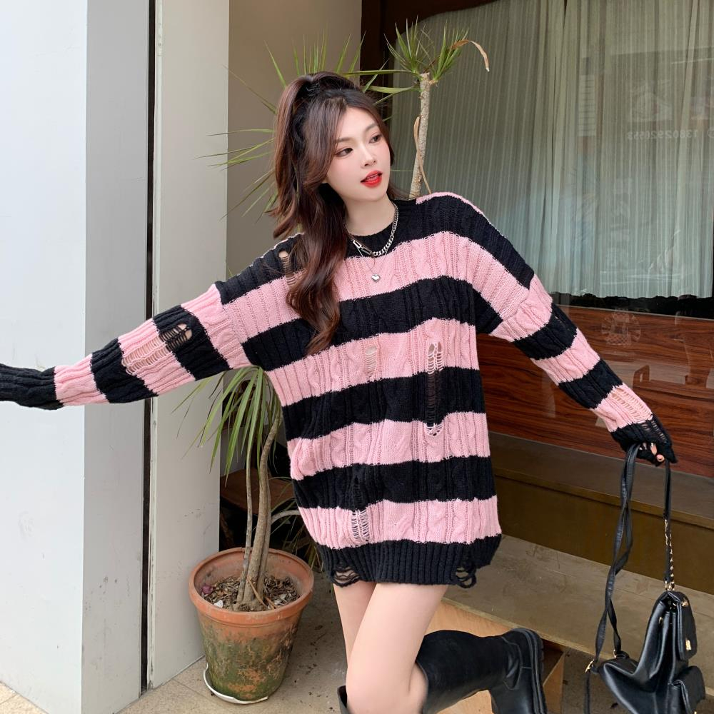 Plush hollow stripe loose lazy sweater