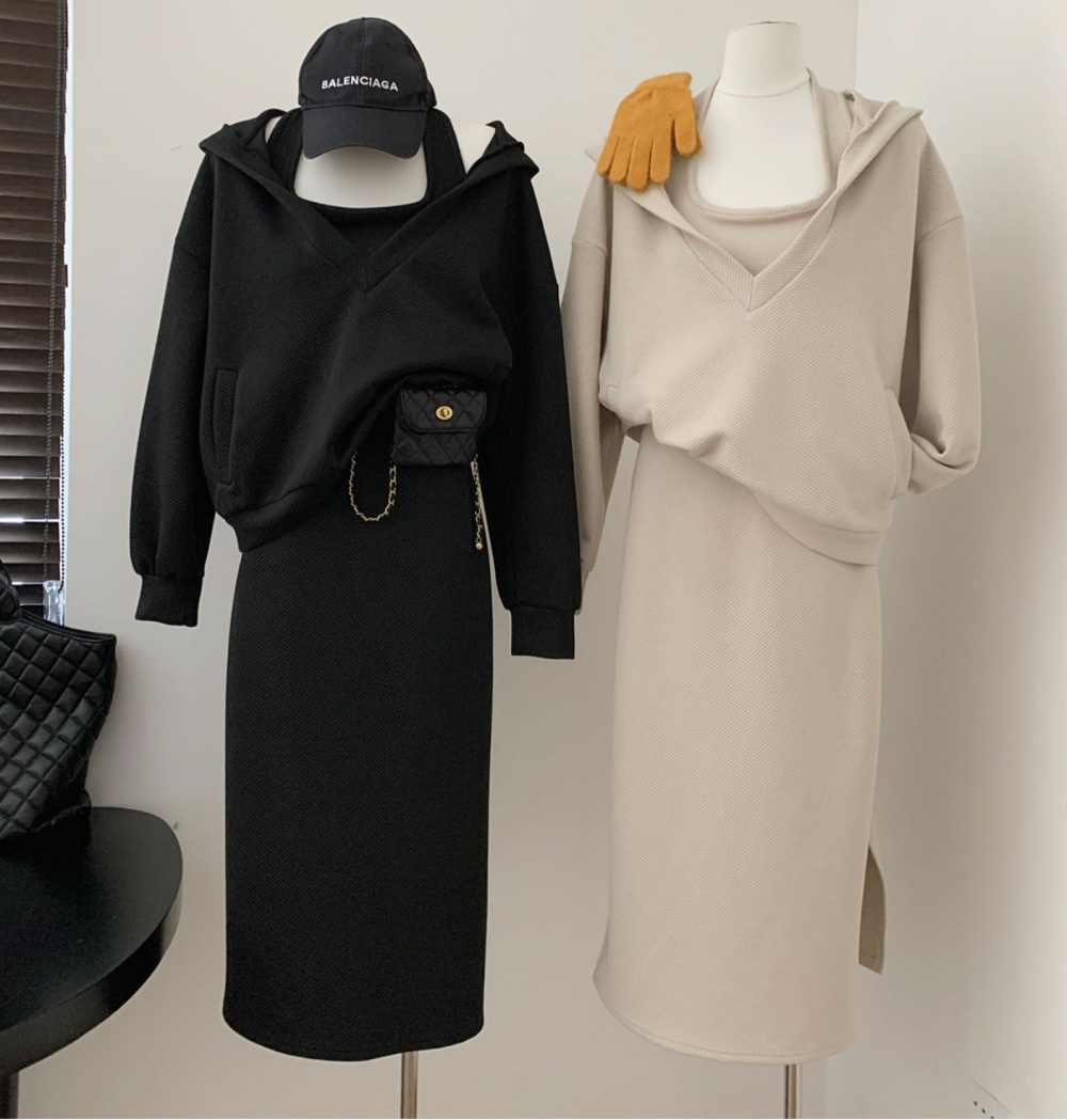 Knitted hooded dress halter hoodie 2pcs set for women