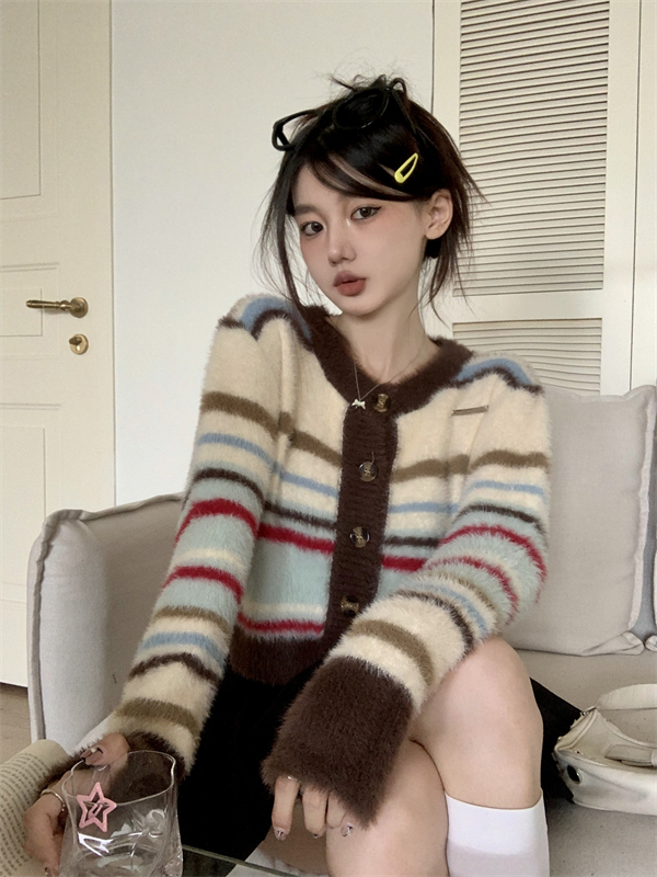 Stripe round neck coat burr autumn and winter sweater