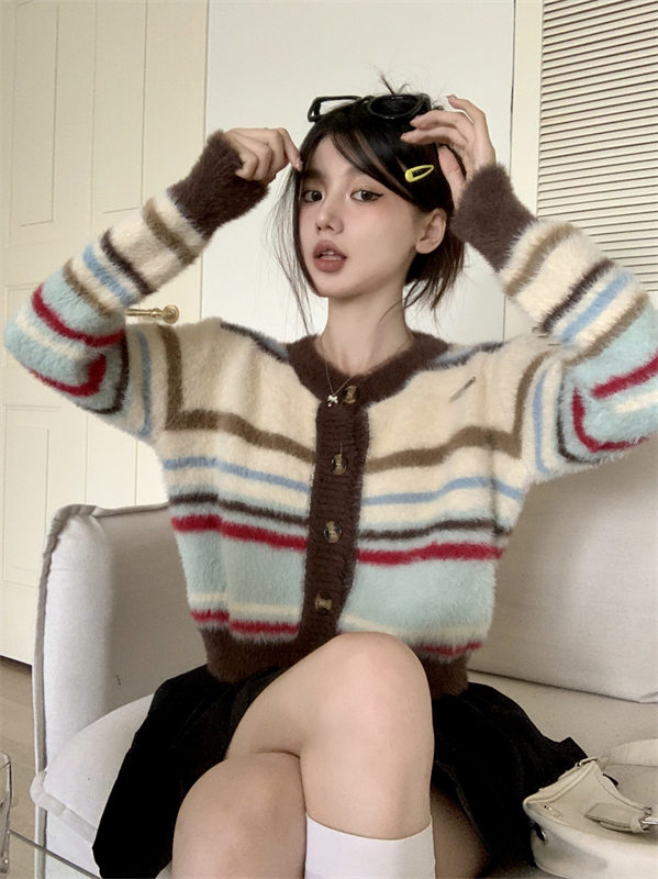 Stripe round neck coat burr autumn and winter sweater
