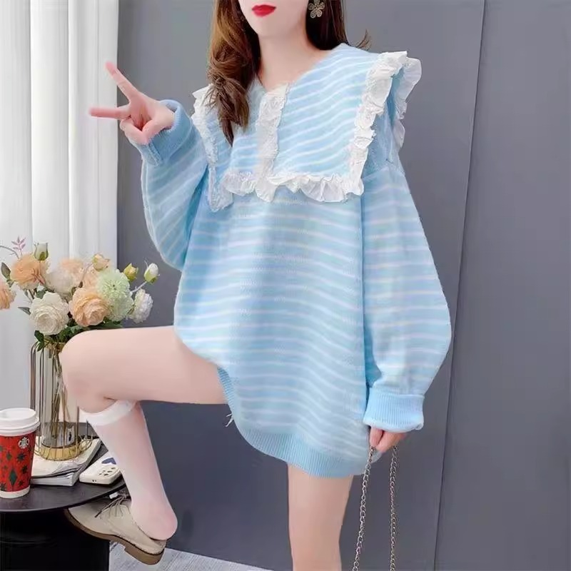 Knitted splice loose stripe lace doll collar sweater