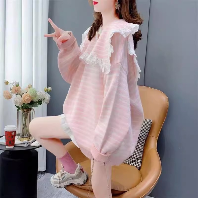 Knitted splice loose stripe lace doll collar sweater