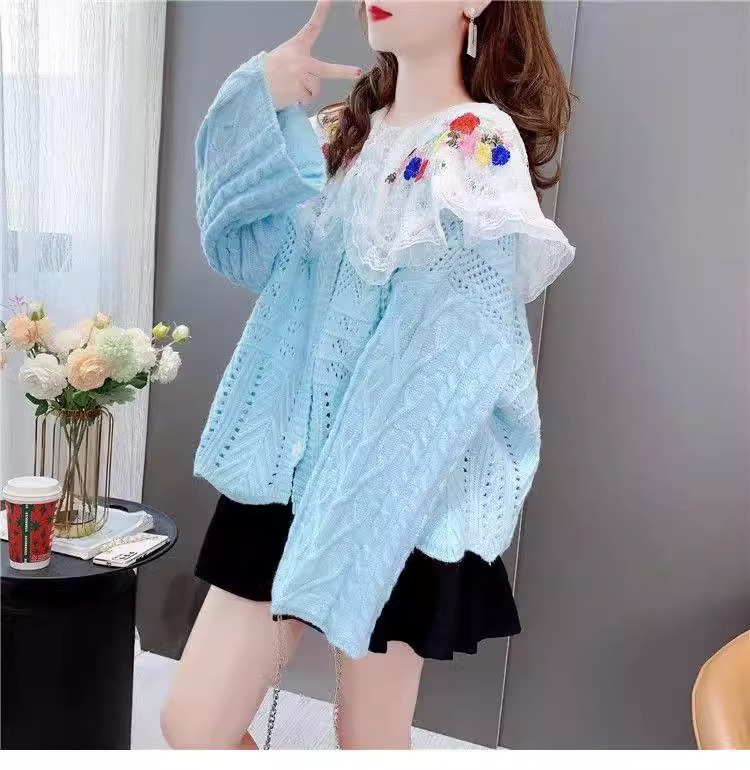 Loose knitted navy collar lace cardigan for women