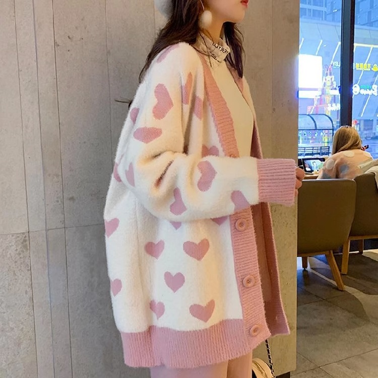 Heart autumn and winter cardigan pink coat for women