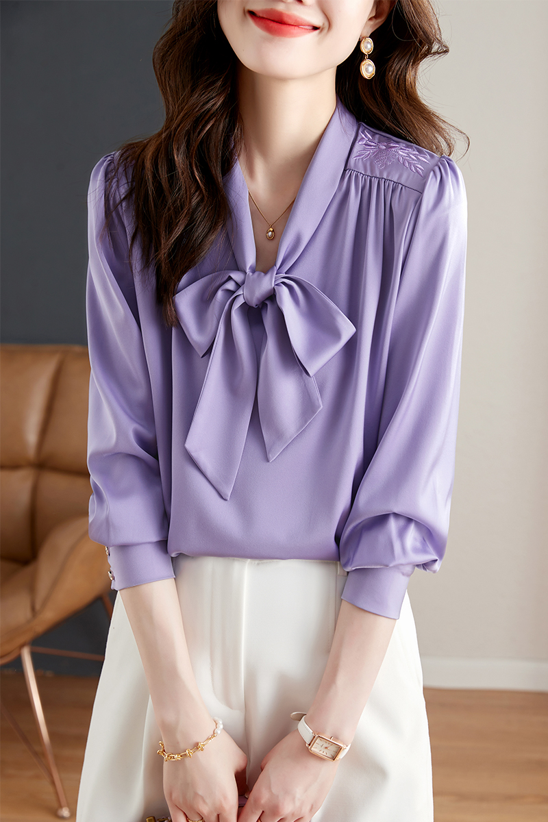 V-neck streamer shirt long sleeve purple tops for women