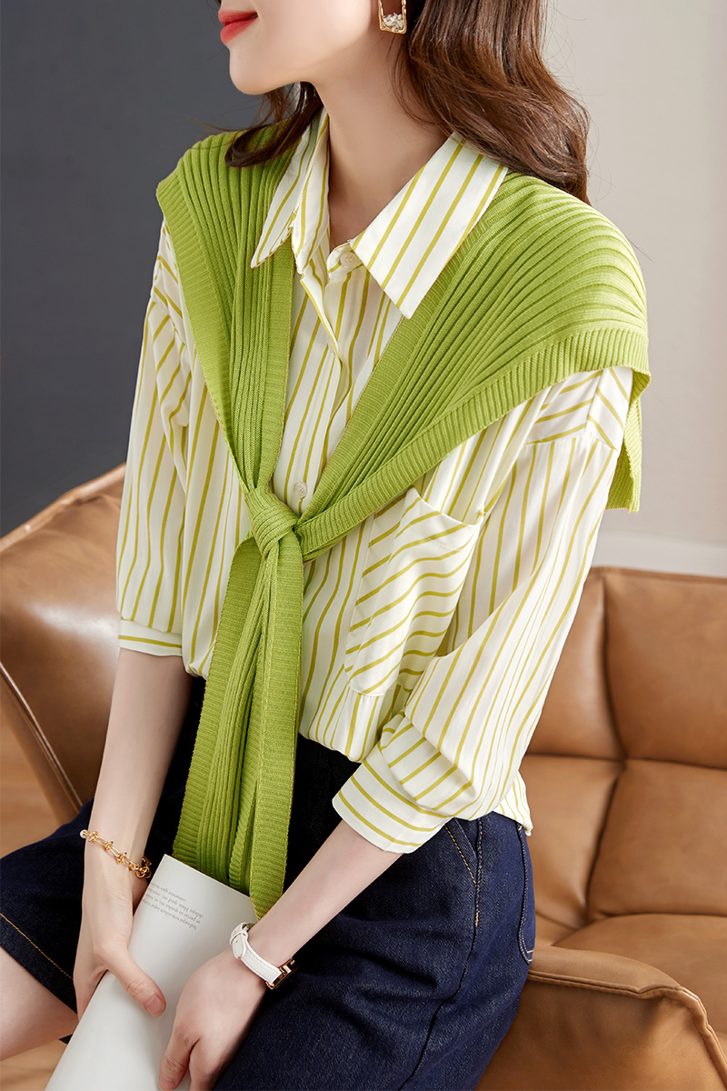 France style stripe knitted shirt autumn splice tops for women