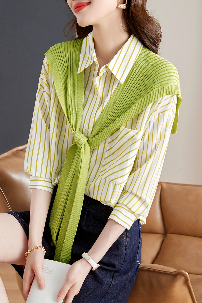 France style stripe knitted shirt autumn splice tops for women