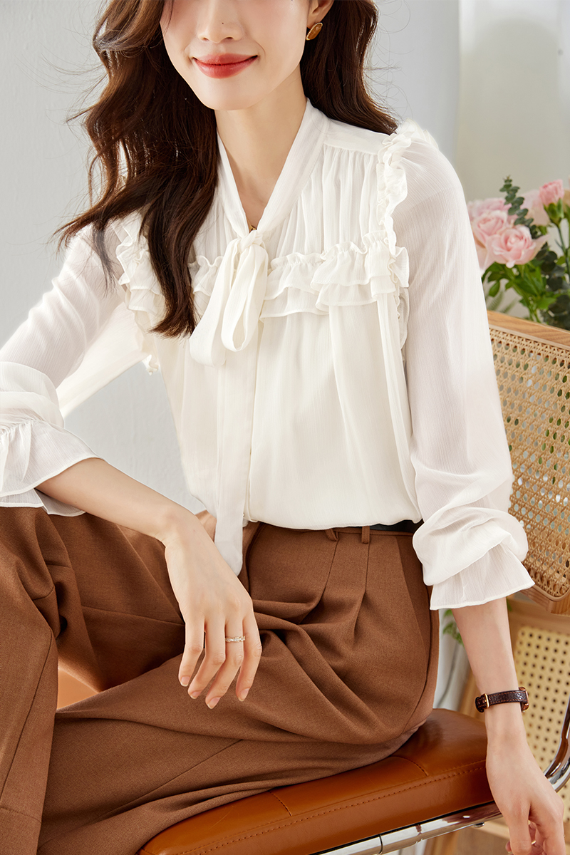 France style niche shirt beige long sleeve tops for women