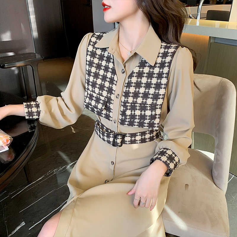 Autumn houndstooth shirt France style Pseudo-two waistcoat