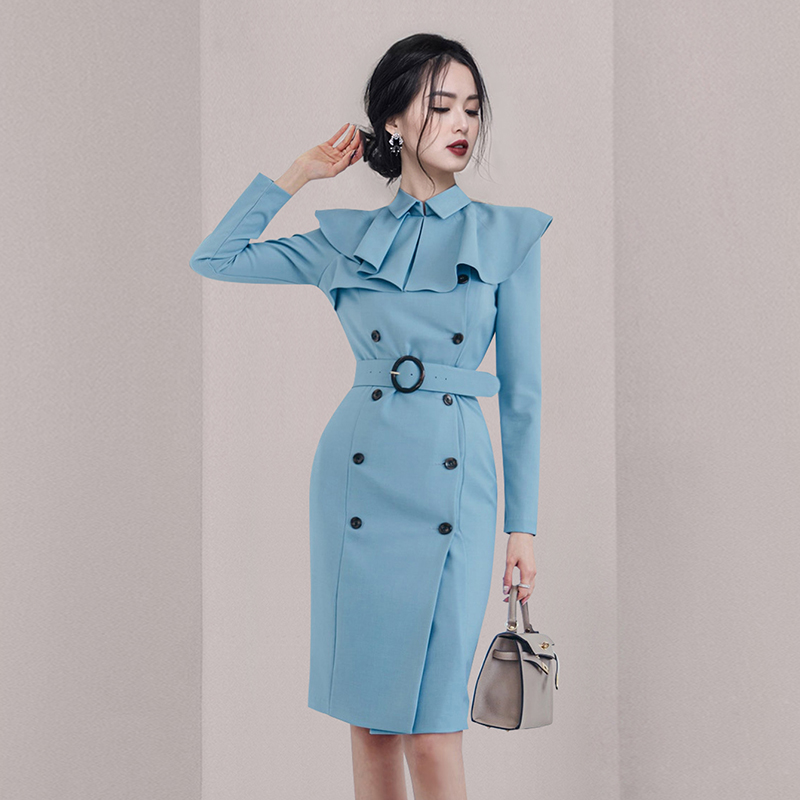 Double-breasted pinched waist dress autumn and winter coat