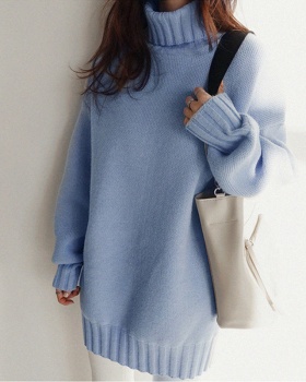 High collar blue sweater loose Korean style coat for women