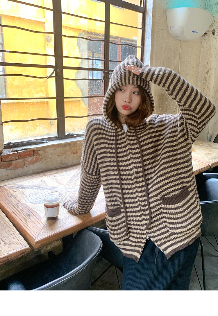 All-match Casual cardigan stripe hooded coat for women