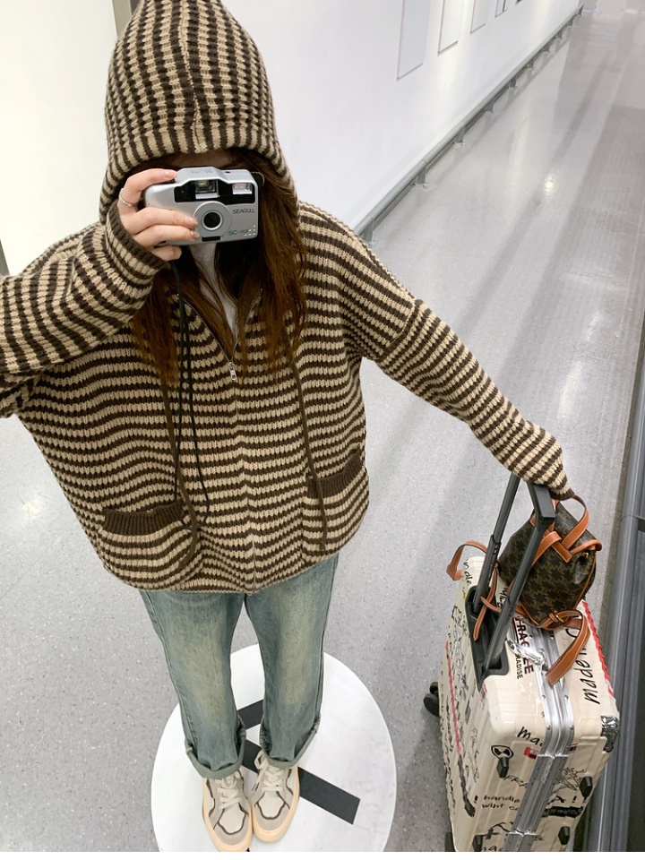 All-match Casual cardigan stripe hooded coat for women