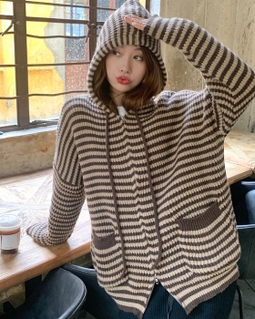 All-match Casual cardigan stripe hooded coat for women