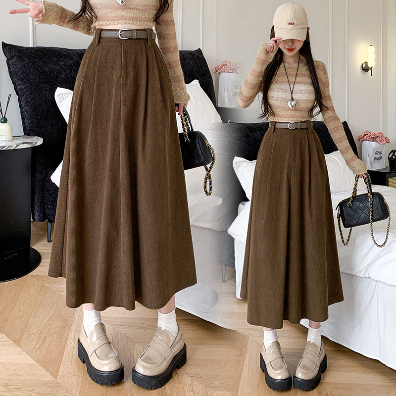 Slim corduroy fold skirt high waist long long dress for women