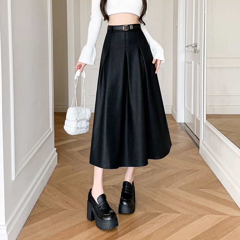 Slim high waist leather skirt long pleated skirt for women