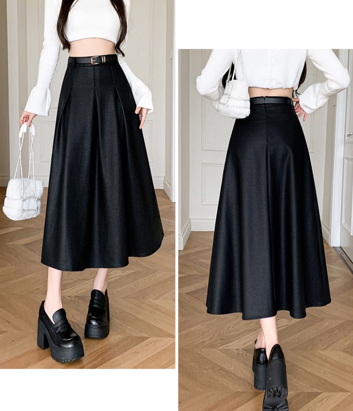 Slim high waist leather skirt long pleated skirt for women