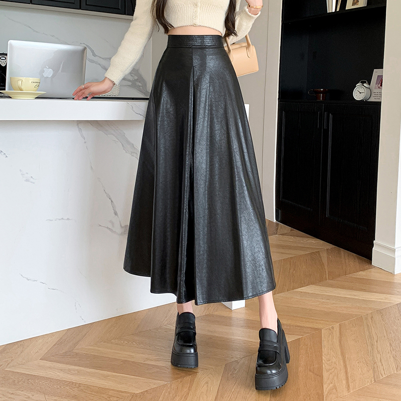Autumn and winter leather skirt long skirt for women