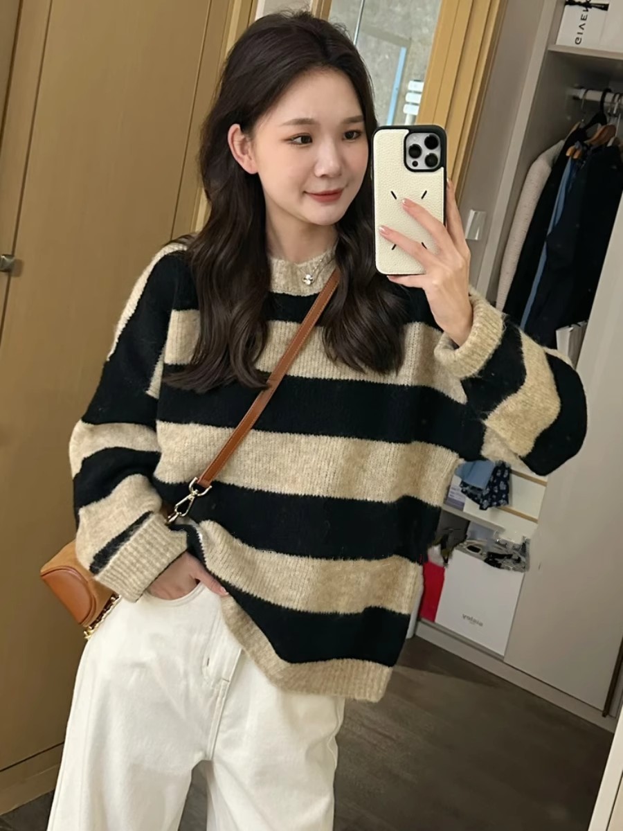 Long sleeve all-match Casual fashion stripe sweater