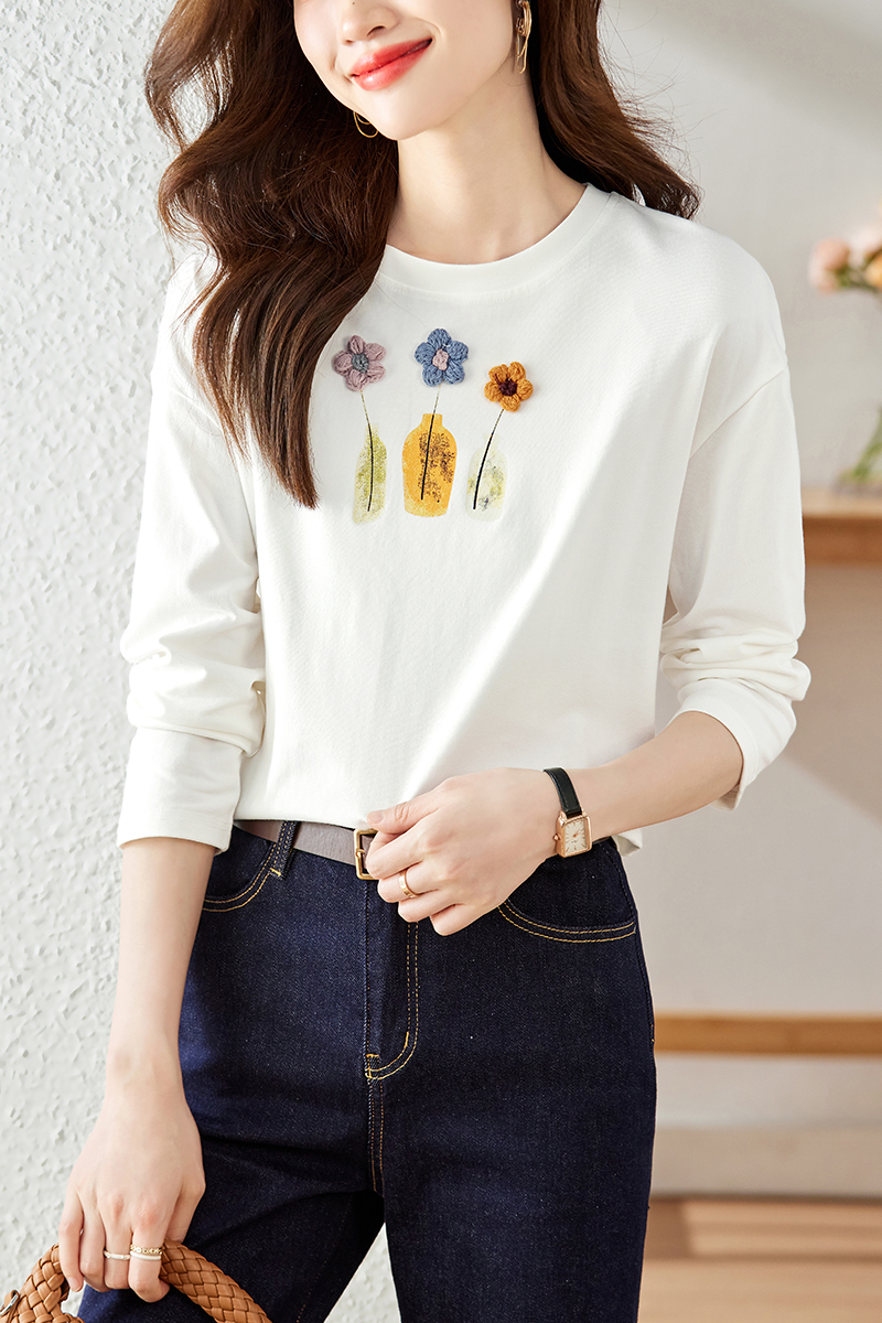 Autumn flowers white tops student loose T-shirt for women