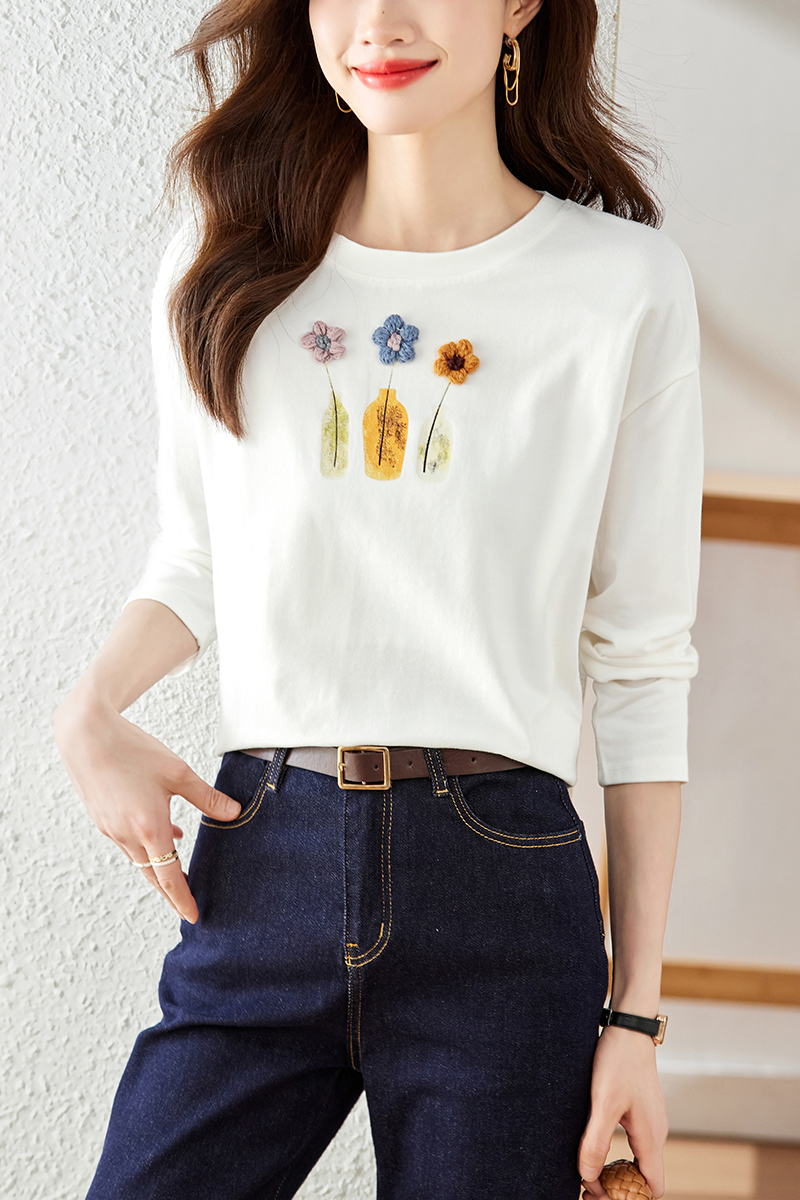 Autumn flowers white tops student loose T-shirt for women