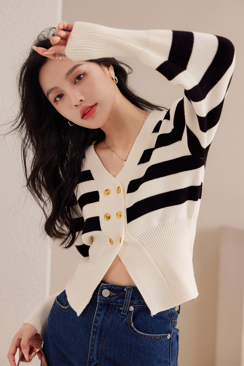 Stripe pinched waist sweater autumn V-neck tops